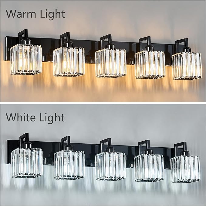 FDPBY Modern Bathroom Vanity Light 5-Lights Plating Black Vanity Light Crystal Wall Light Bathroom Light Fixtures
