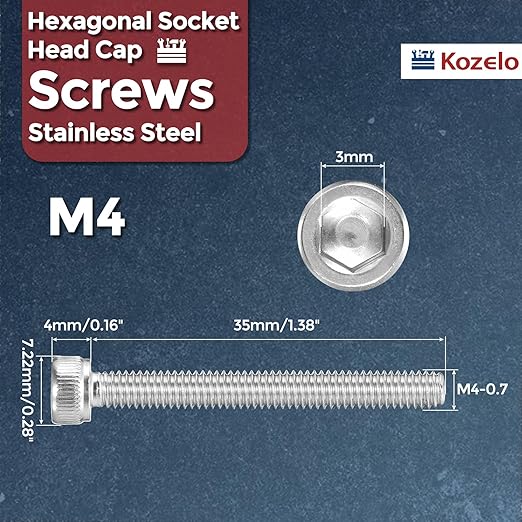 Kozelo 50pcs Socket Head Cap Screws - [M4-0.7 x 35mm] 304 Stainless Steel Allen Socket Drive for Electrical Motor 3D Printing Fan Engine Replacement Use, Silver