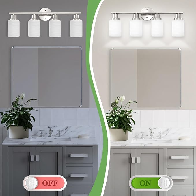 Guliaofo 4-Light Brushed Nickel Vanity Lights for Mirror, Bathroom Light Fixtures with Textured Milky White Glass Shade, Modern Kitchen Light Fixtures Wall Sconce Light - E26 Base