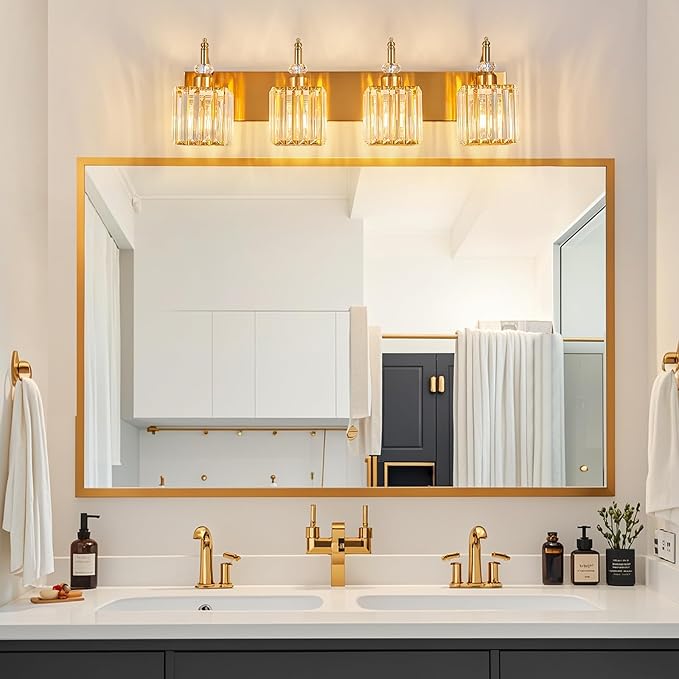 BBLLWJ Modern Bathroom Vanity Light 4-Light Gold Crystal Light Fixtures Over Mirror for Bathroom Wall Sconce