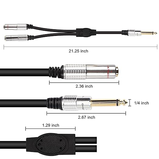XMSJSIY 6.35mm TS Guitar Signal Audio Y Splitter Cable, 1/4" Male to Dual Mono 1/4" Female Adapter with Gold-Plated OFC HiFi TS Speaker Headphone Extension Cable-0.5M/1.6FT