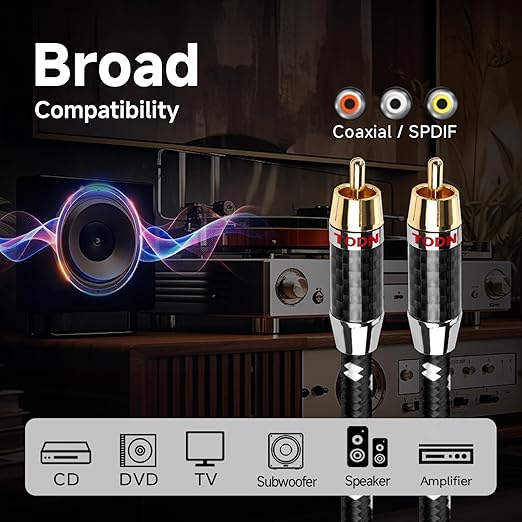 TODN HiFi Digital Coaxial Cable with OCC-Core 75-Ohm Audiophile SPDIF Coax RCA Audio Cable Supports Dolby, DTS, and 7.1 Surround Sound Digital Audio Formats (6.5ft /2m)