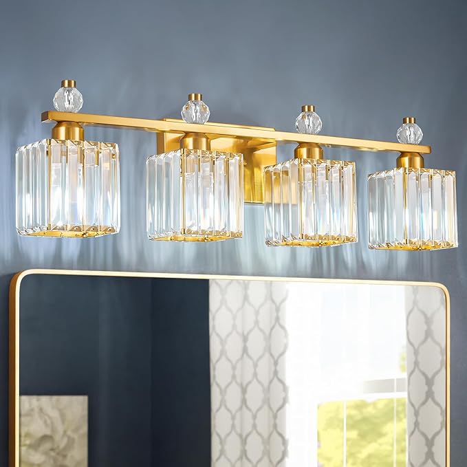 FDPBY Vanity Lights 4-Light Modern Crystal Vanity Light Gold Bathroom Light Fixtures Over Mirror Crystal Bathroom Vanity Lighting Fixtures