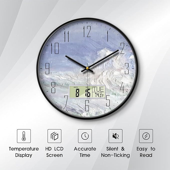 SCOAGE Digital Wall Clock Battery Operated with Day and Date Temperature Blue White Wave Calendar Clock with Large Display Silent for Room Bathroom Bedroom Living Room Farmhouse Decor 12 Inch