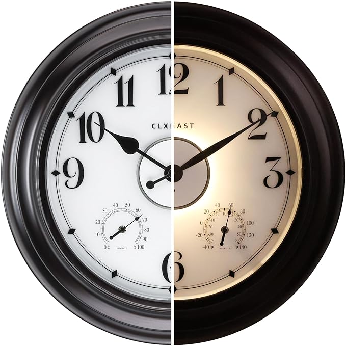 CLXEAST 24 Inch LED Self-Illuminated Outdoor Metal Clocks Waterproof, Large Lighted Outdoor Clock with Temperature and Humidity,House Warming Gifts New Home,Oil Rubbed Bronze Black