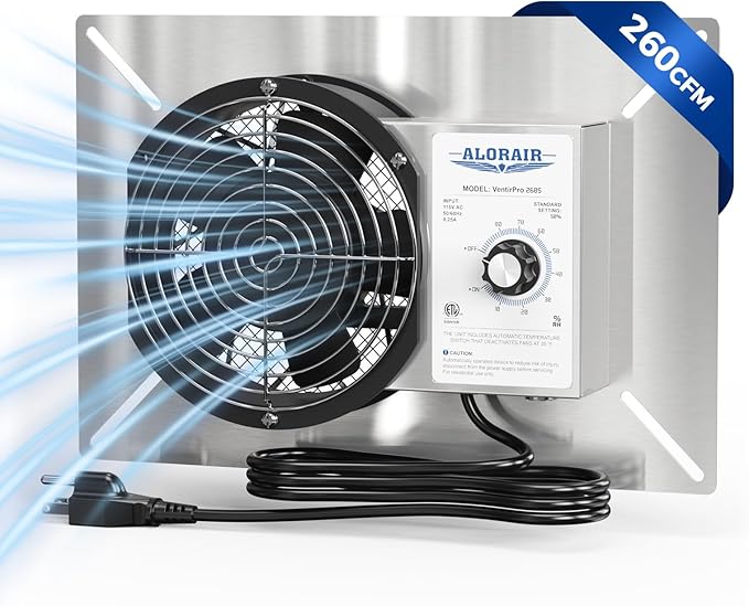 ALORAIR 260 CFM Stainless Steel Crawl Space Vent Fan - Air Out Crawlspace Ventilation Fan with Humidistat Dehumidistat, IP55 Exhaust with Isolation Mesh for Foundation Basements Garage Attic