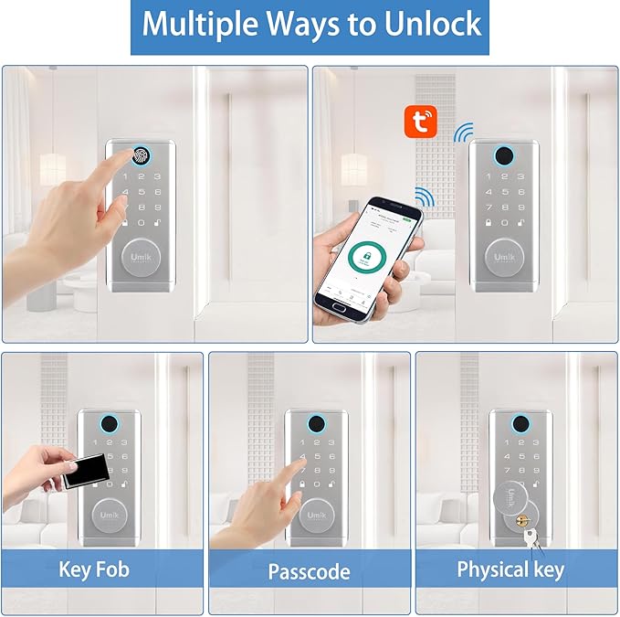 UMIK UMIKSMART Fingerprint Door Lock with Handle Set, Keyless Entry Smart Door Lock, Electronic Keypad Deadbolt Locks, App Control for Front Door, Home (Matte Silver in Zinc)