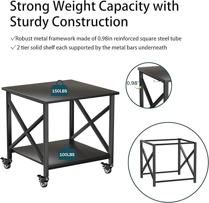 TQQDCI Printer Stand, 23.6 x 23.6 Inches Large Printer Stand with Storage Shelf, 2 Tier Printer Table for Home Office, Rolling Printer Cart with Industrial Wheels, Mini Fridge Stand Table, Black
