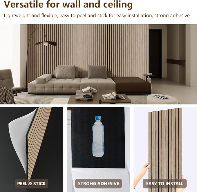 ARMURO Acoustic Wood Wall Panels, 2 PCS Slat Wall Panels - Walnut Veneer Soundproof Panels for Home & Office, 94.5" Extra-Long Easy Peel & Stick Panels for Walls (11.8"W x 94.5"L)
