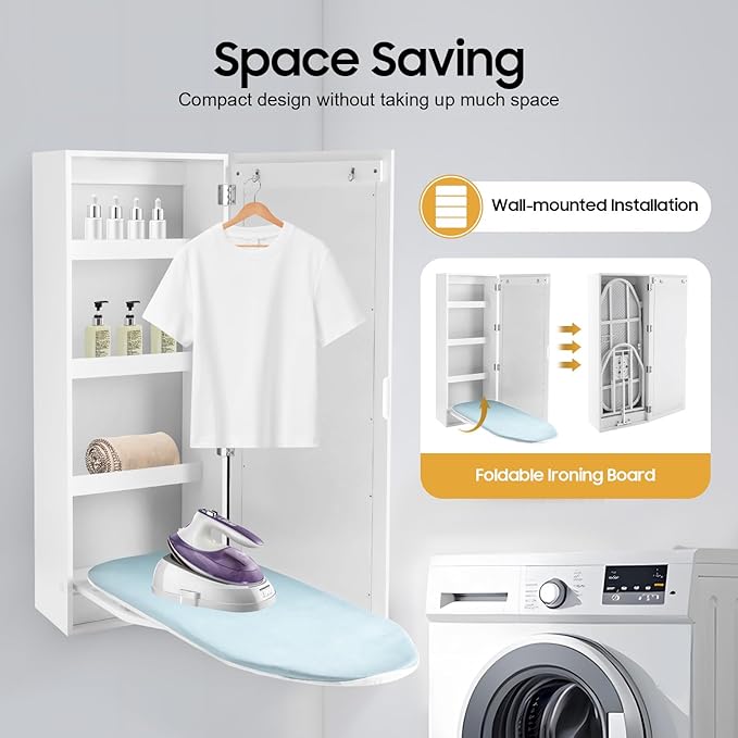 Ropoana Wall Mount Ironing Board Cabinet, Built-in Swivel Ironing Board Foldable with Storage, Wall Hanging with Mirror, Foldable Iron Storage Station for Home, Apartment, Checkrooms, White