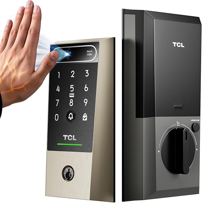 TCL D2 Pro Smart Lock with Palm Vein Recognition, 10000mAh Rechargeable Battery & Wi-Fi, Keyless Entry Door Lock, IP55 Weatherproof, Built-in Doorbell, Auto Lock, Brushed Nickel