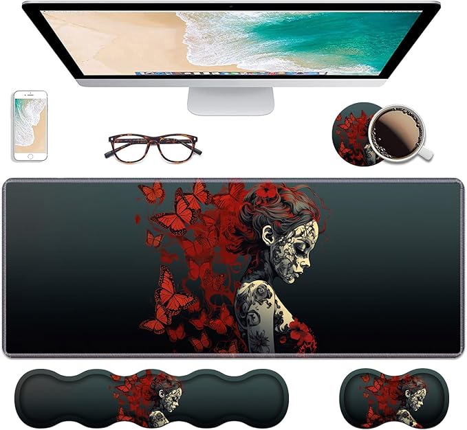 Ergonomic Keyboard Wrist Rest & Mouse Pad Wrist Rest Set, Large Gaming Desk Mat 31.5"x 11.8" with Non-Slip Base, Memory Foam, Easy Typing Pain Relief for Home & Office, Tattooed Girl and Red Butterfly
