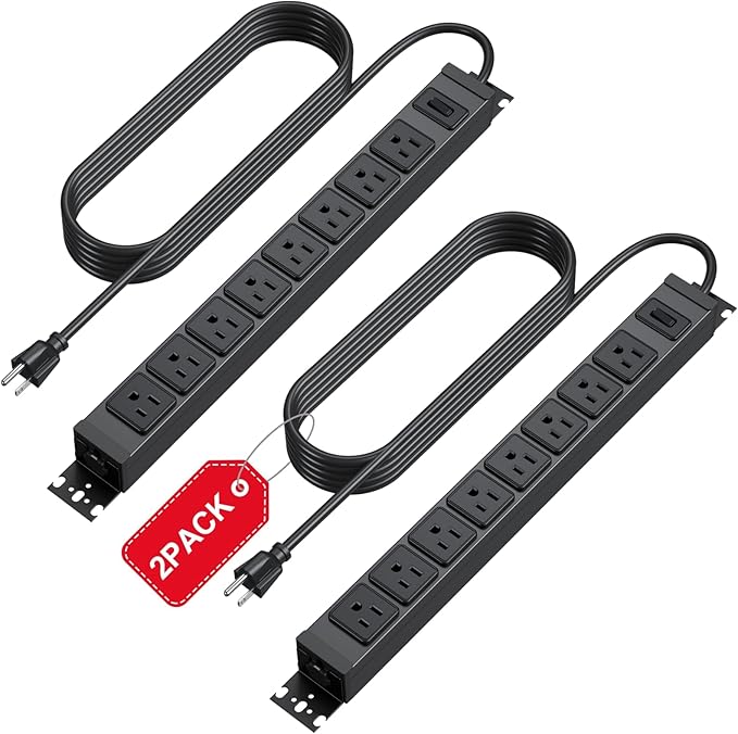 HHSOET 2 Pack Metal 360° Rotating Mountable Power Strip, 8 Outlet Gaming Table Mounted Long Power Strip, Heavy Duty Wall Mount Surge Protector with Switch, 15A 125V 1875W, 10ft Power Cord.(Black)