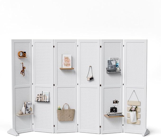 Bonnlo 4/6 Panel Pegboard Freestanding, 5 FT Portable Display Board Organizer for Craft Show Jewelry, Wooden Folding Privacy Screen Room Divider (White, 6 Panel with Base)