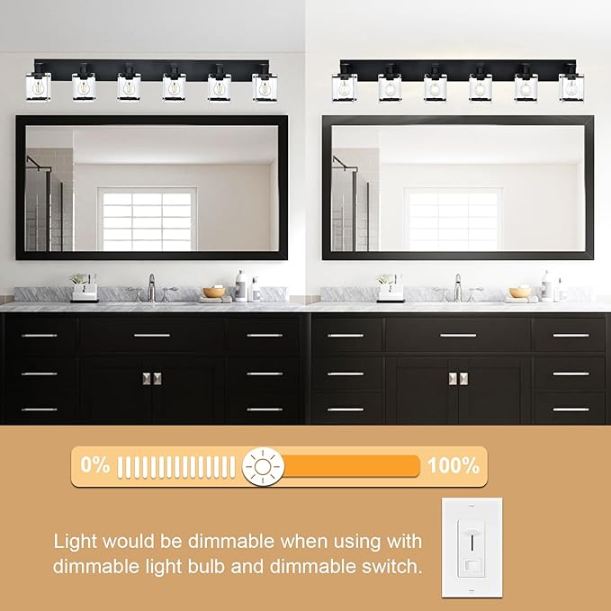 WINSHEN 6-Light Bathroom Light Fixture Black Finish, Modern Vanity Lighting with Rectangular Clear Glass for Over Mirror Kitchen E26 Bulb Base