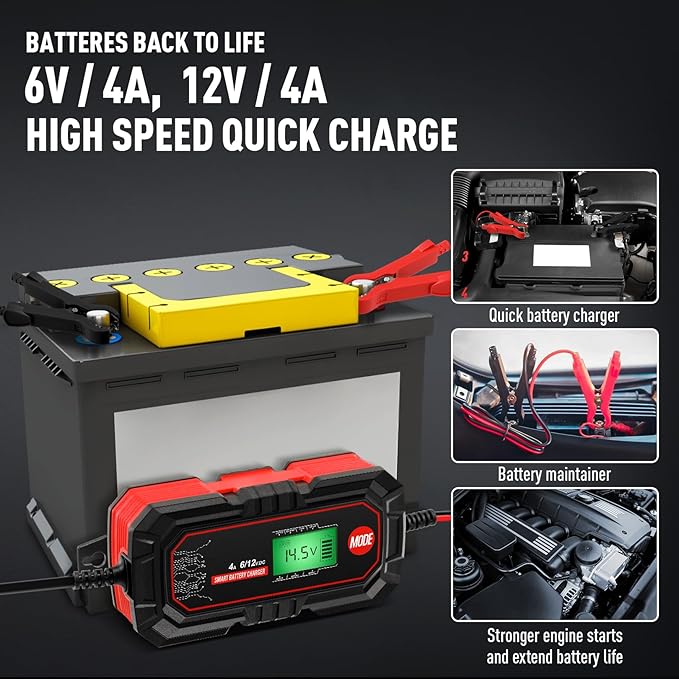 Sailvono 4A Battery Charger, 6V and 12V Smart Trickle Charger, 10-Stages 14.6 Volt LiFePO4 Automatic Battery Maintainer with Supply Mode for Motorcycle Car Lawn Mower Boat Marine Lead Acid Batteries