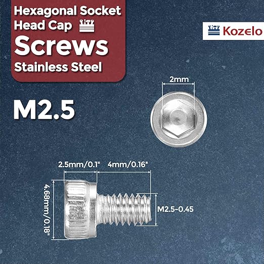Kozelo 100pcs Socket Head Cap Screws - [M2.5-0.45 x 4mm] 304 Stainless Steel Allen Socket Drive for Electrical Motor 3D Printing Fan Engine Replacement Use, Silver