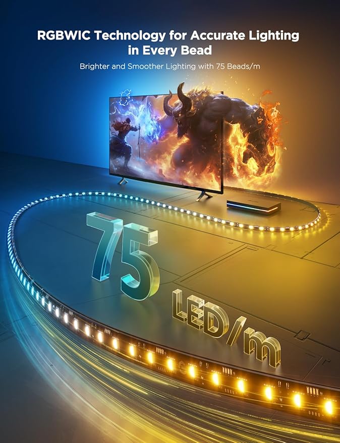 Govee HDMI 2.1 Sync Box 2, AI Sync Box with TV Backlight, Supports 8K@60Hz, 4K@144Hz, VRR and ALLM, Works with SmartThings, Matter and Alexa, RGBIC LED Light Strip for 55-65 inch TVs, 75 LEDs/m