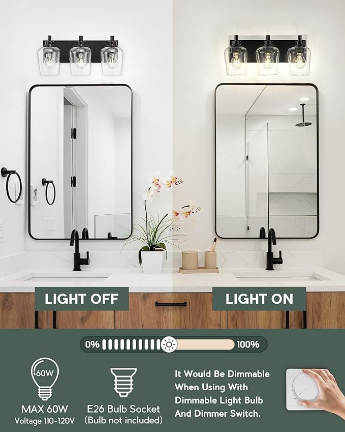 METWET Bathroom Light Fixtures, 3-Light Modern Vanity Light with Clear Glass Wine Glass-Shaped Shade, Vanity Lighting Fixtures Over Mirror, Matte Black, VL155-MB-3