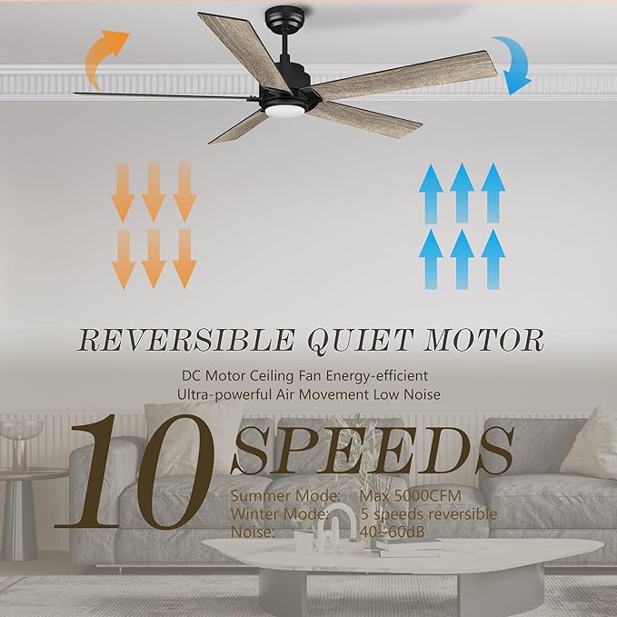 SMAAIR Smart Ceiling Fans with Lights and Remote, 60 Inch Low Profile Ceiling Fan with Dimmable LED Light, 10-Speed Reversible DC Motor Compatible with Alexa/Google Assistant/Siri (Walnut/Light Wood)