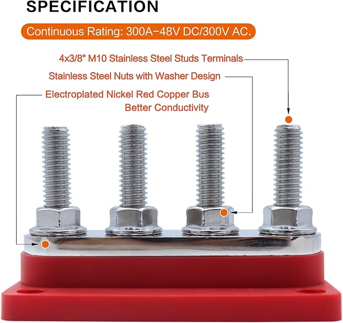 AMOMD 300A Bus Bars 4 Terminal Studs (3/8 inch) M10 Nickel Plated Copper Distribution Block Negative Electrical Buss Bars 12-48 V DC with Cover for Trailer Marine Boat Car RV (Red)