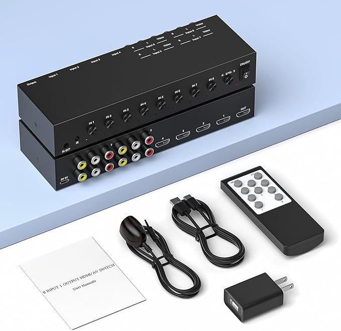 ZUZONG 4 AV to HDMI Converter + 4 HDMI2.0 Switcher(2 in 1) 4 Way RCA Composite to HDMI Adapter Support 4:3/16:9 Switching for N64 NGC WII Xbox PS2/3/4/5 DVD Xbox Series/ONE Switch/OLED