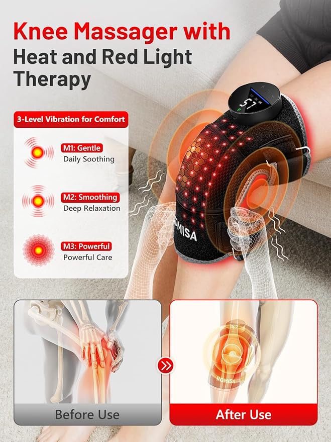 ROMISA Red Light Therapy Knee Brace with Heat & Massage, Cordless Rechargeable Controller, 20Min Auto Timer, 660nm & 850nm Near Infrared Light Therapy Device for Knee/Elbow/Shoulder, for Women Men.