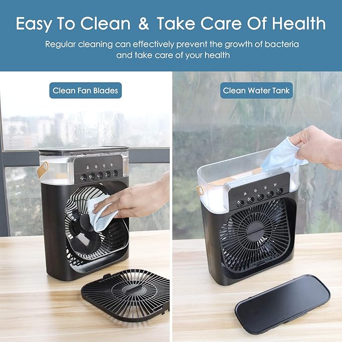 NTMY Personal Air Cooler, Portable Air Conditioner Fan, Mini Evaporative Cooler with 7 Colors LED Light, 1/2/3 H Timer, 3 Wind Speeds and 3 Spray Modes for Your Desk, Nightstand, or Coffee Table