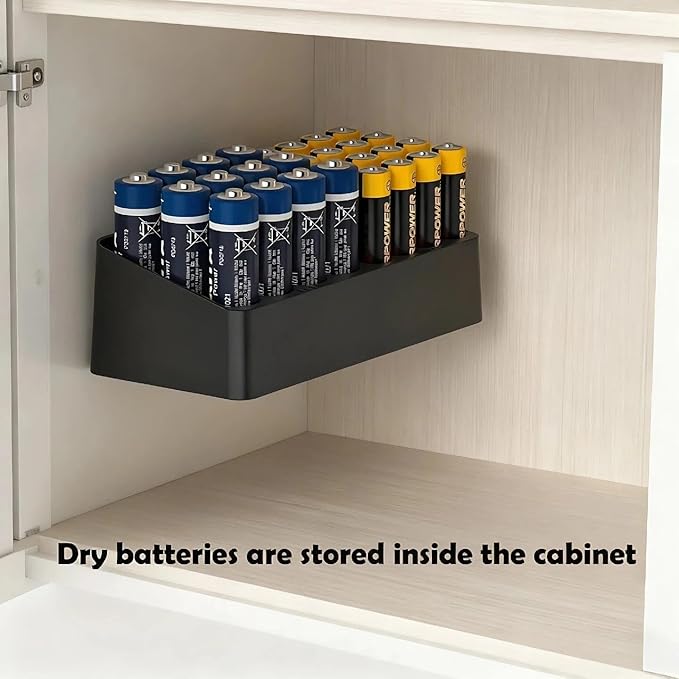 RUDDLIN Battery Storage Organizer Battery Storage Box Black Fits 16 AAA & 12 AA Batteries Divided Battery Holder Fits Wall,Cabinets,Drawers (Case Not Includes Batteries)