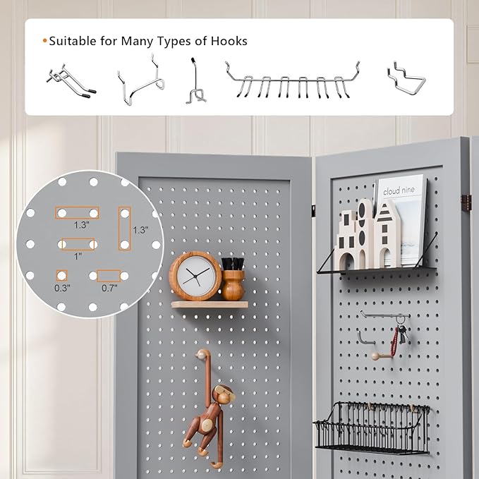 Bonnlo 4/6 Panel Pegboard Freestanding, 5 FT Portable Display Board Organizer for Craft Show Jewelry, Wooden Folding Privacy Screen Room Divider (Grey, 6 Panel with Base)