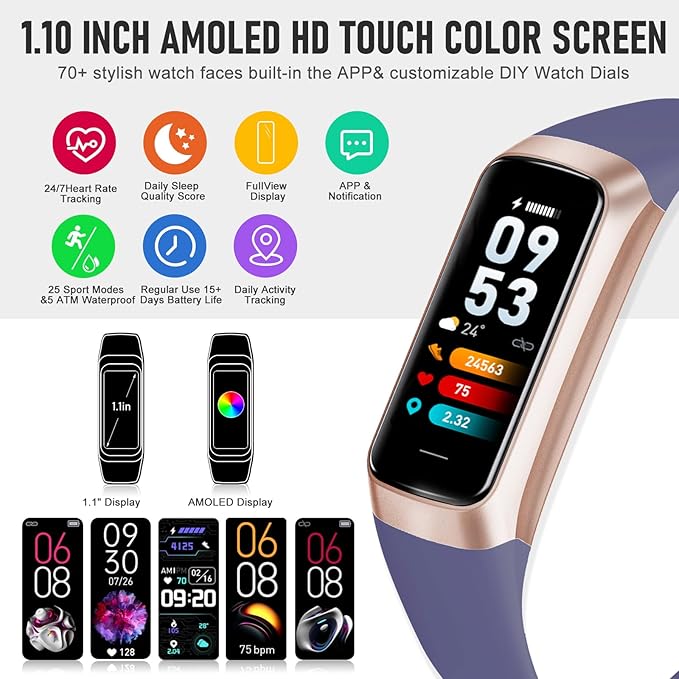 Fitness Tracker with 24/7 Heart Rate Blood Oxygen Sleep Monitor, 1.1" AMOLED Touch Screen Activity Tracker Smart Watches, IP68 Waterproof Step Counter Pedometer for Women Men