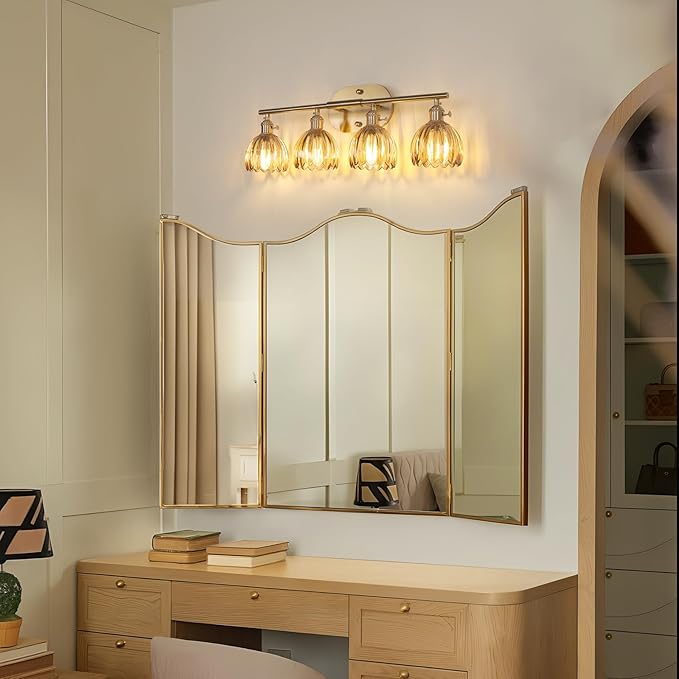 Shenmoyl Bathroom Light Fixtures, 4-Light Brass Vanity Wall Light Over Mirror with Amber Tulip Glass Shade for Bedroom Living Room (Bulb Not Included)