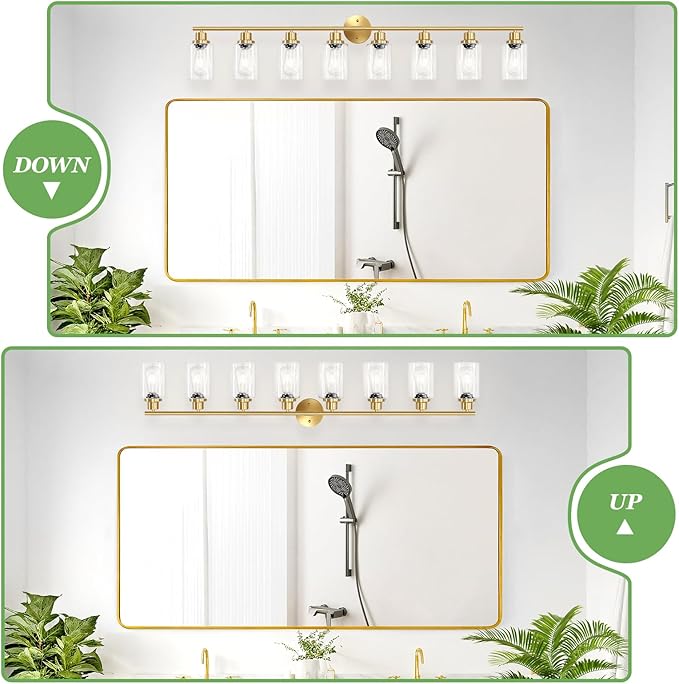 Guliaofo 8-Light Brushed Gold Vanity Lights for Bathroom, Lighting Fixtures Over Mirror with Clear Glass Shade, Modern Kitchen Light Fixtures Wall Lamps Sconce Light - E26 Base