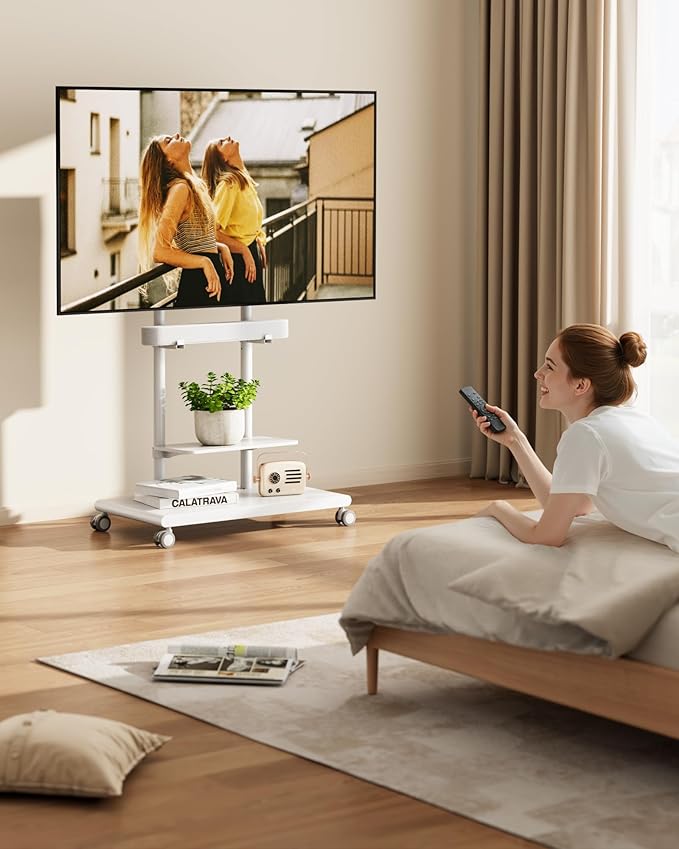 ECOTINY Steel Base Rolling TV Stand with Soundbar Mount for 50-90 inch TVs up to 154lbs, Swivel&Tilt Mobile TV Stand with Large Storage, Height Adjustable Heavy-Duty TV Cart, Max VESA 600x400mm, White