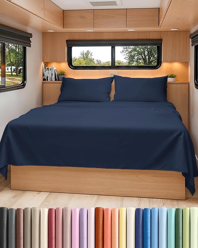 RV Short Queen Sheet Set 60 X 75 - 4 Piece RV Short Queen Bed Sheets - Soft, Breathable & Cooling - Designed for Bunks, Trailers & Camper - Fits 8” to 12" Mattress - Hotel Luxury Bedding - Navy Blue
