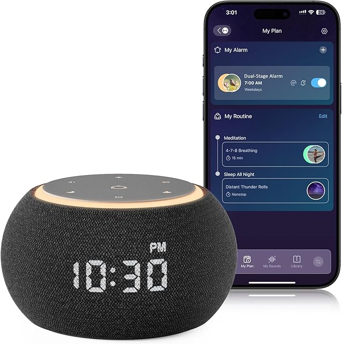 Hotmoon Alarm Clock with Sound Machine for Sleep, Luna Pro Dual-Stage Alarm, 507 Non Looping Sounds, Smart Night Light & Timer, Pink Green Brown White Noise Machine for Sleeping Adult Office Plug in