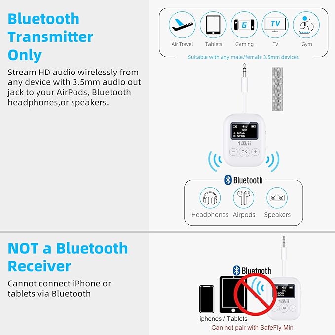 1Mii Airplane Bluetooth 5.3 Transmitter for All Headphones - Bluetooth Adapter for TV - Dual Connection - aptX Low Latency - Flying Travel, Wireless Audio Aux for MP3,Game,PC-White