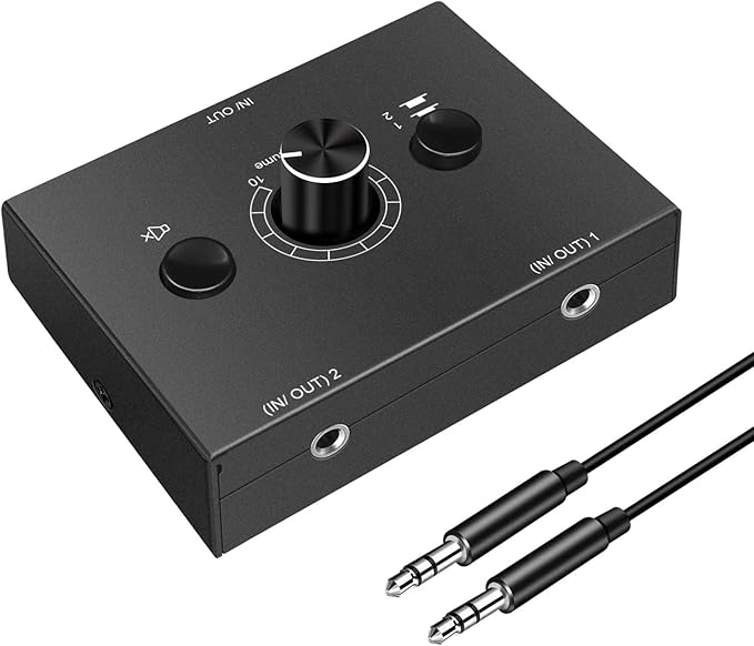 3.5mm Audio Switcher - 2 Input 1 Output / 1 Input 2 Output Audio Splitter, One-Key Mute Button, No External Power Required