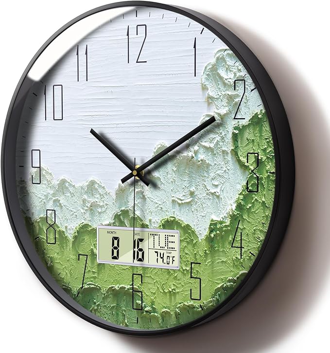 SCOAGE Modern Wall Clock with Temperature Green Forest Large Display Non-Ticking Battery Operated Clock with Date and Week for Kitchen Bedroom Living Room Farmhouse Decor 12 Inch