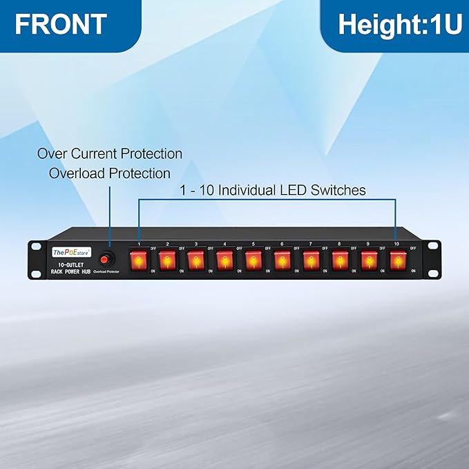ThePoEstore 10-Outlet 1U Rack Mount Power Strip - Surge Protector, Features 10 Front Switches with LED Light - Ideal, w/ 6 ft Cord for Network Server Racks and Cabinets