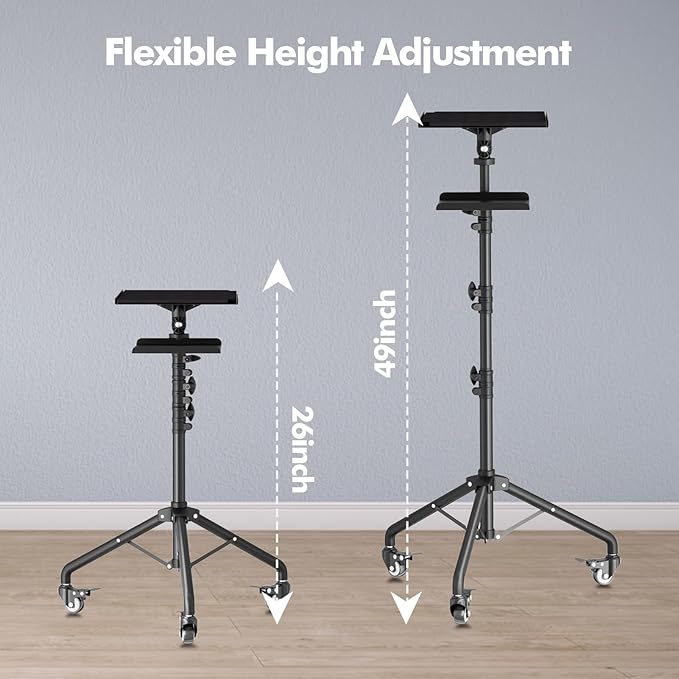 OUKMIC Projector Stand Tripod Laptop Tripod on Wheels with 2 Shelves, Adjustable Height 26 to 49 Inch Portable Podium Stand with Gooseneck Phone Holder for Office, School, Home, DJ Racks