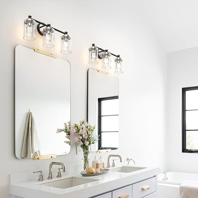 PHIXART Bathroom Lighting Fixtures Black and Brushed Nickel Bathroom Vanity Light with Cylindrical Clear Stripes Glass Lampshade E26 Socket Base Bathroom Lighting Fixtures Over Mirror (3 Lights)