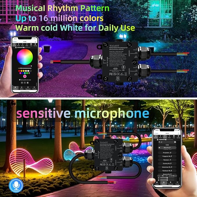 WeGoIOT Waterproof ESP32 WLED Controller with Mic, Project for Pool Boat Landscape Outdoor Lights IP65 Dynamic RGB IC DIY Lighting WiFi APP Control for WS2812B DC5-24V RGBW LED Controller (2 Channel)
