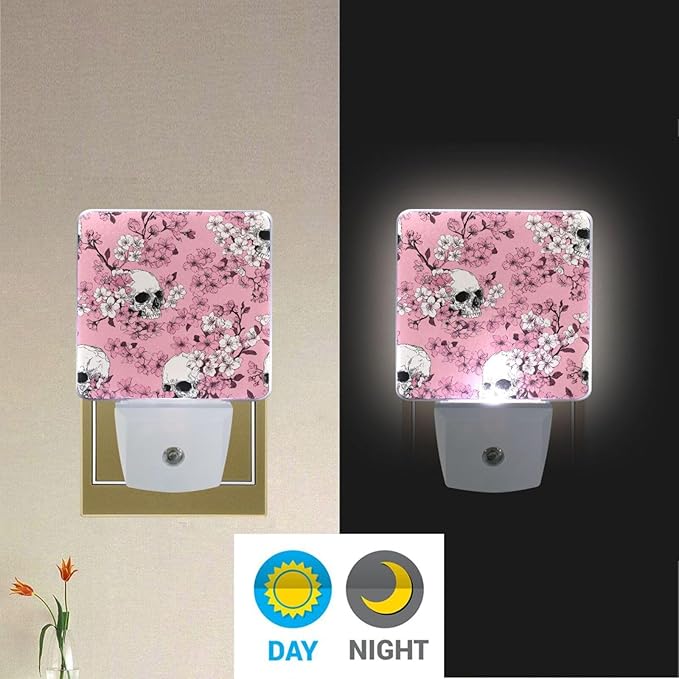 Pigsaly Led Night Light Pink Cherry Blossoms White Skulls Night Light Plug in Wall Lamp Smart Dusk to Dawn Sensor Nightlight Led Lamp Energy Saving Lights Gift for Kids Room Bedroom Bathroom Hallway