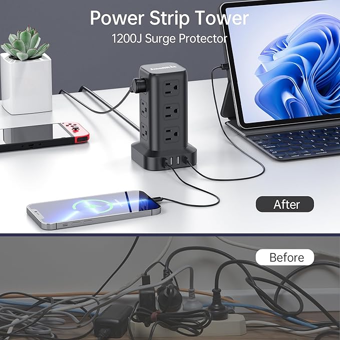 2 Pcs Power Strips with Surge Protection, 6.5 FT Extension Cord with Multiple Outlets, 12 AC 4 USB (1 USB C), Surge Protector Power Strip Tower Overload Protection for Home Office Desk