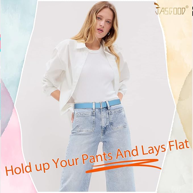 JASGOOD Women No Show Stretch Belt Elastic Web Strap Belt with Flat Buckle for Jeans Pants Dresses