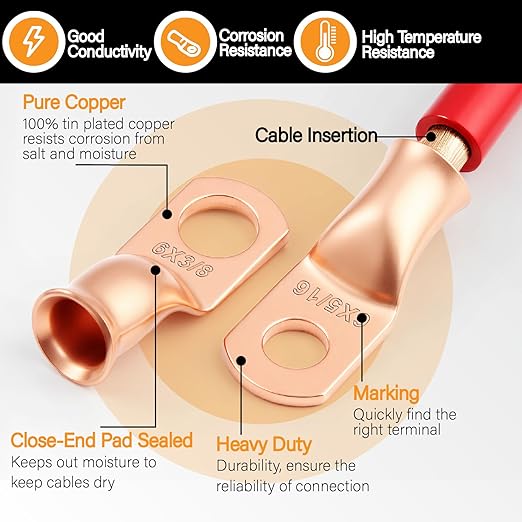 20PCS 6 AWG 5/16 3/8 inch Battery Cable Lugs,6 Gauge Copper Crimp Connector Ring Terminal Wire Ends with 20pcs 3:1 Adhesive Heat Shrink Tubing in Dual-neck Bottle