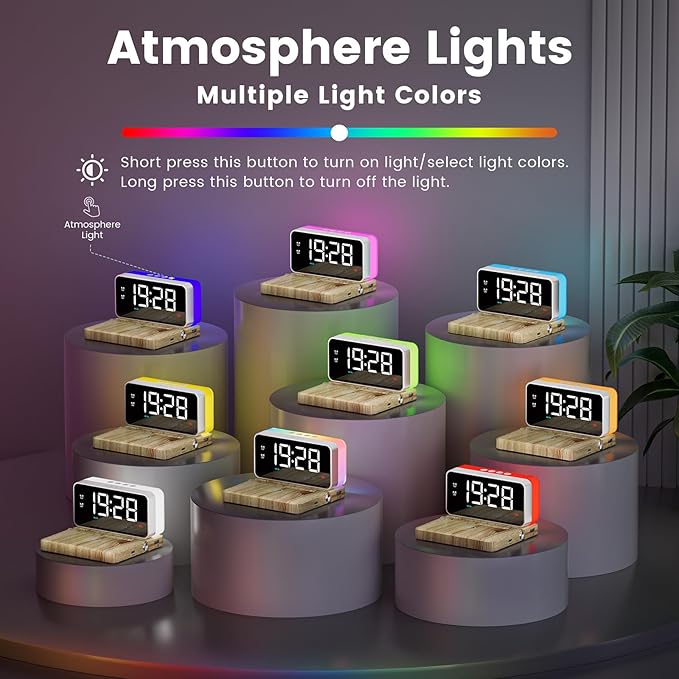 CHOUYONL Alarm Clocks for Bedrooms with Wireless Charger Station, Bluetooth Speaker, Woodgrain, White Noise Sound Machines, RGB Night Lights, Ideal Gift for Adult Man Women Teen Girls Boys