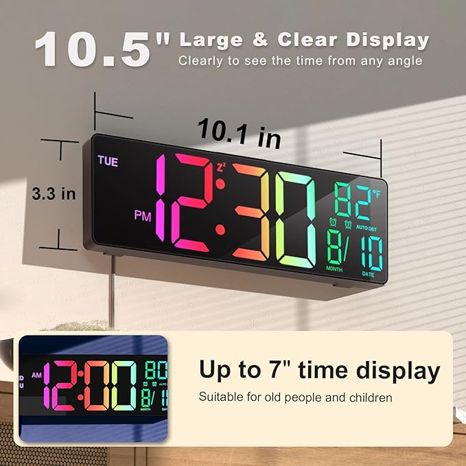 JALL 10.5'' Large Digital Wall Clock, Big LED Number Display, Alarm, RGB Colors, Auto DST, Temperature for Classroom, Bedroom, Decor, Birthday Xmas Gift for Senior, Mem Womem Mom Dad