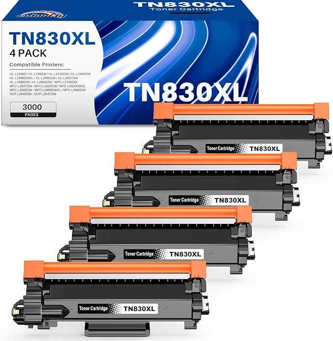Compatible TN830XL Black Toner 4 Pack Replacement for Brother TN830XL TN-830 TN830 XL High Yield Toner Cartridge Use for HL-L2460DW DCP-L2640DW MFC-L2820DW MFC-L2900DW HL-L2480DW HL-L2400D HL-L2405W